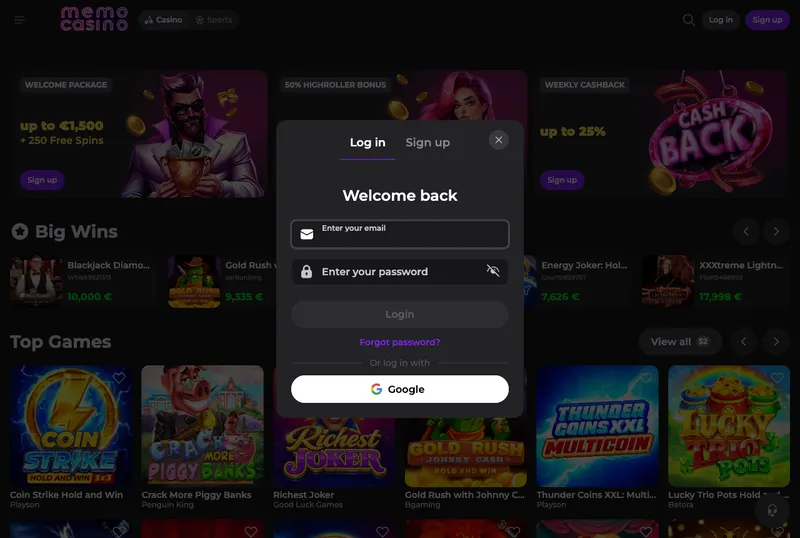 Memo Casino login window