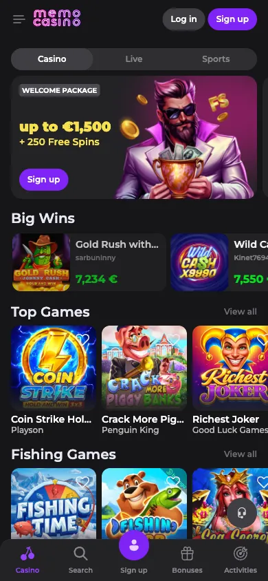 Memo Casino mobile view