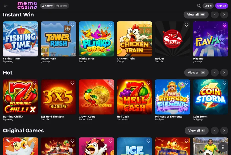 Plinko and instant-win games at Memo Casino